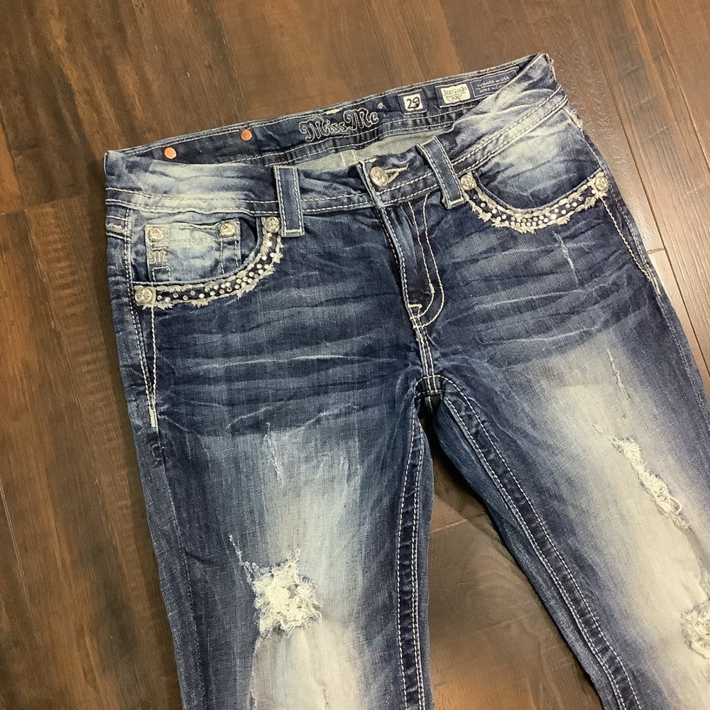 Miss Me JE8021B3X Bootcut Jeans Distressed Rhinestone Embellished Blue Denim 29